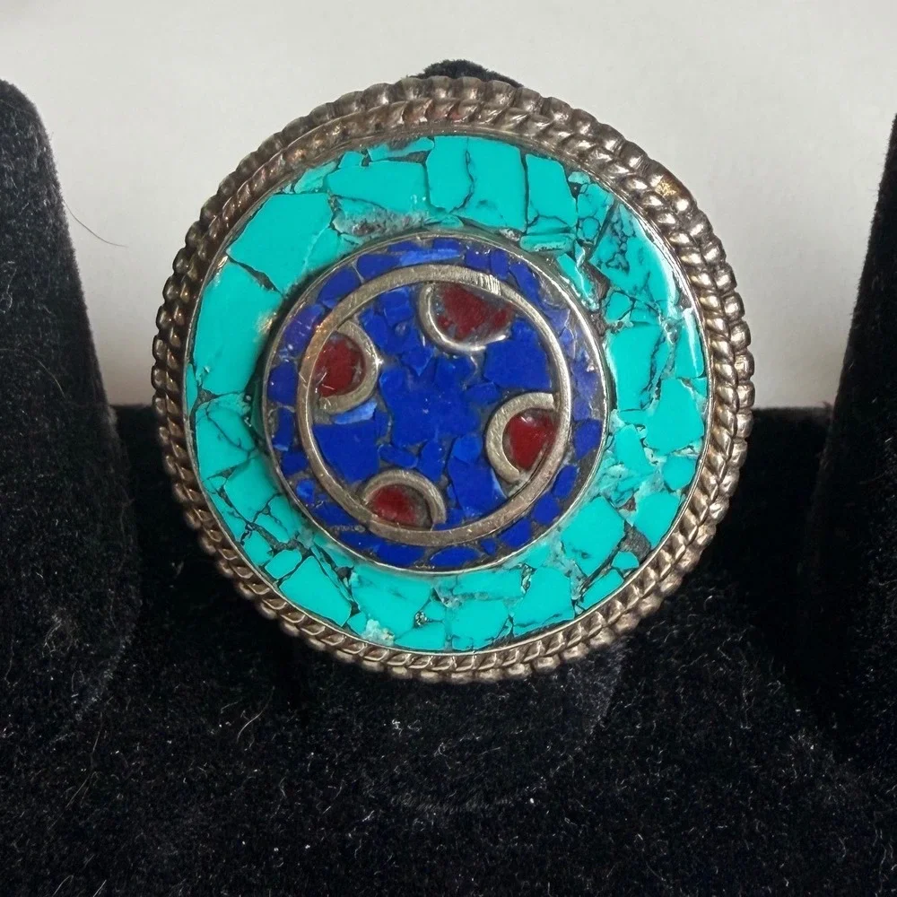 Bohemian Mosaic Turquoise Lapis Coral Statement Ring Silver Tone‎ Size 7